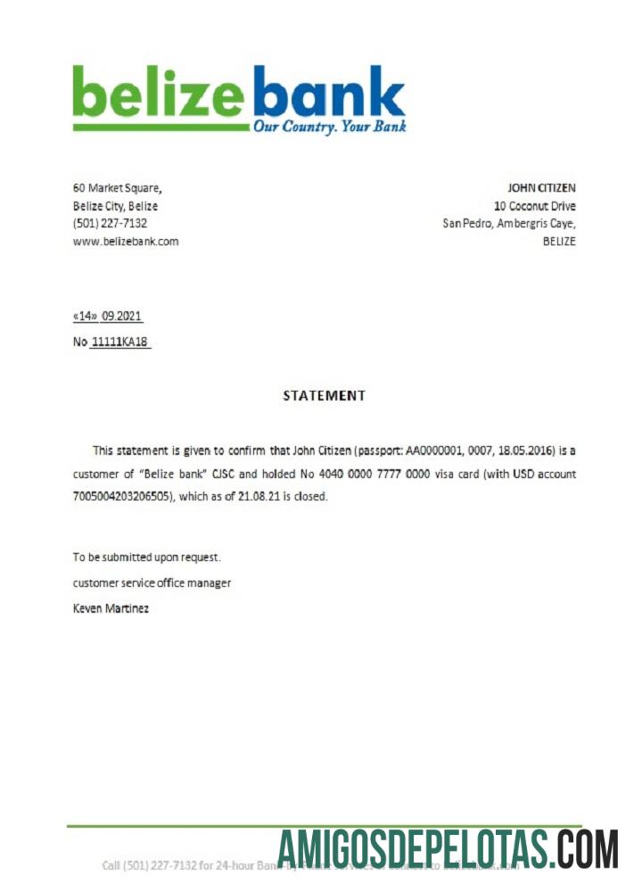 Referência de fechamento do Belize Belizebank modelo